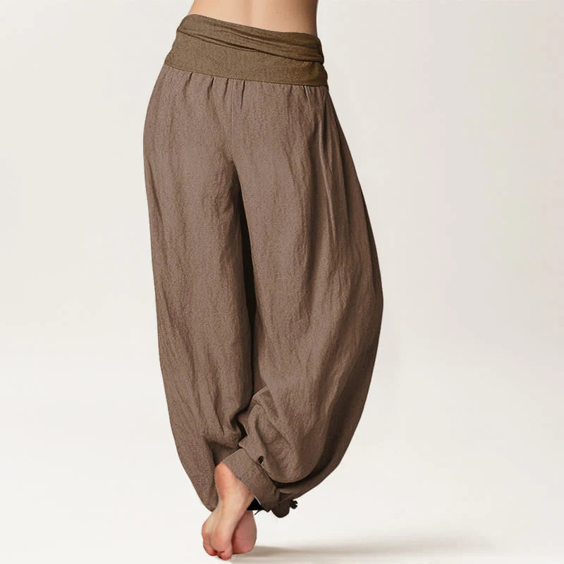 Buddha Stones Pure Cotton Plain Tan Women's Elastic Waist Harem Pants