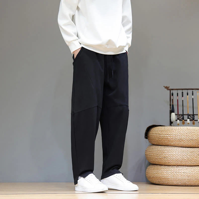 Buddha Stones Winter Solid Color Fleece-lined Men's Cotton Linen Pants With Pockets