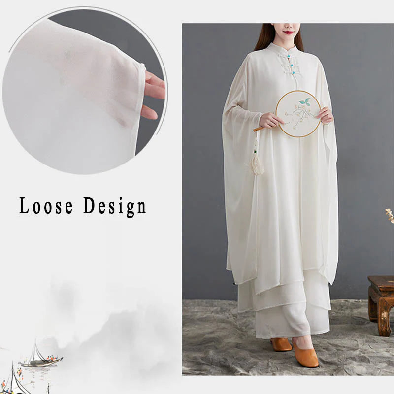 Buddha Stones 2Pcs Frog-Button Long Sleeve Midi Dress Wide Leg Pants Chiffon Zen Women's Set