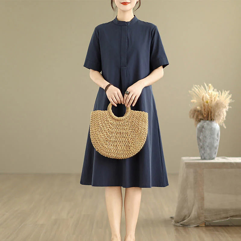 Buddha Stones Commute Plaid Pattern Simple Design Cotton Half Sleeve Midi Dress With Pockets