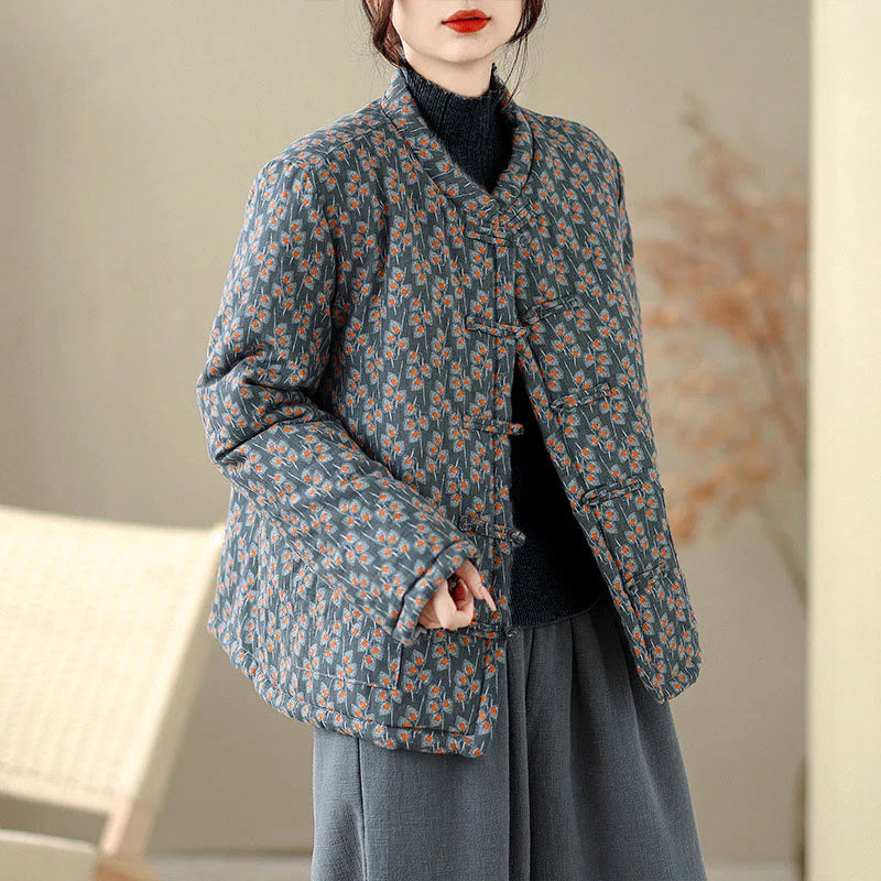 Buddha Stones Winter Frog-button Floral Long Sleeve Women's Thickened Cotton Jacket With Pockets