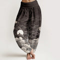 Buddha Stones Pure Cotton Casual Wave Moon Mountain Pattern Women's Elastic Waist Harem Pants