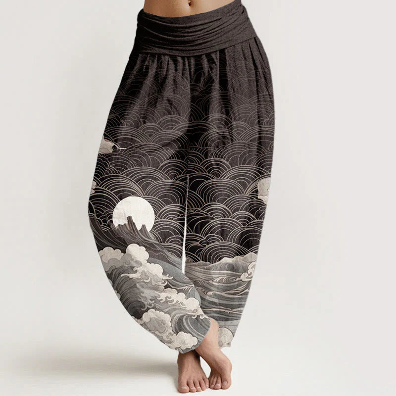 Buddha Stones Pure Cotton Casual Wave Moon Mountain Pattern Women's Elastic Waist Harem Pants