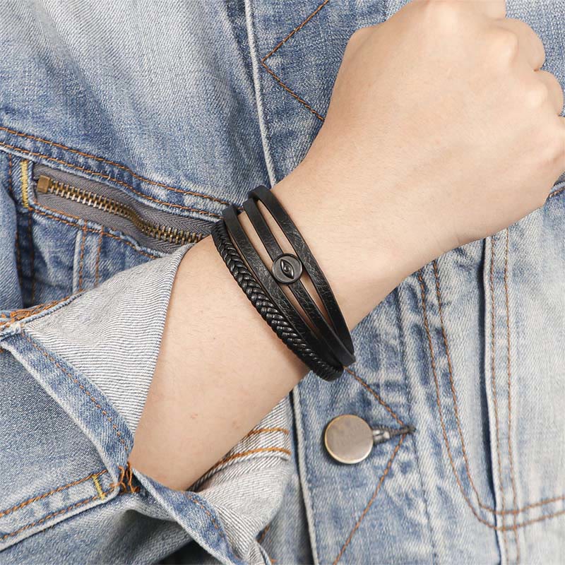 Buddha Stones Evil Eye Multilayered Braided Leather Balance Bracelet