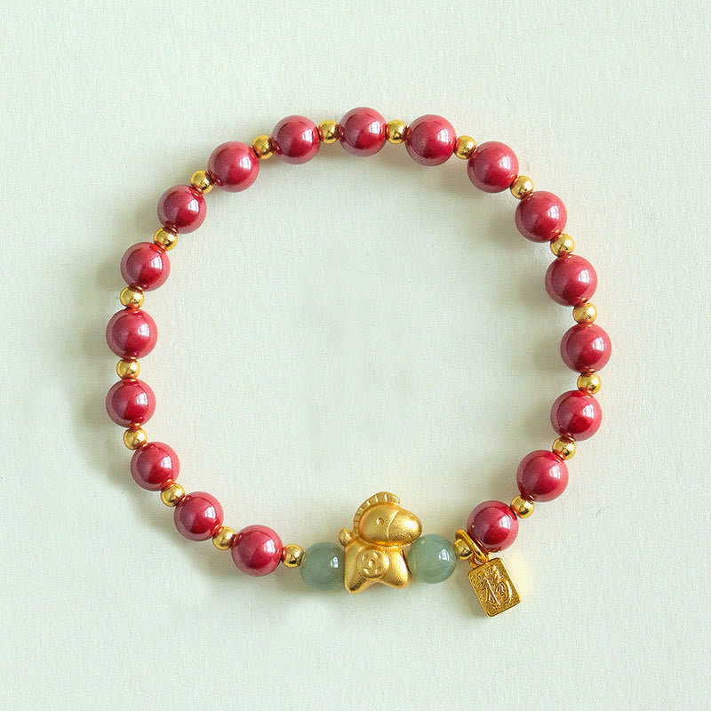 Buddha Stones Chinese Zodiac Year of the Horse Fu Character Cinnabar Hetian Jade Blessing Bracelet