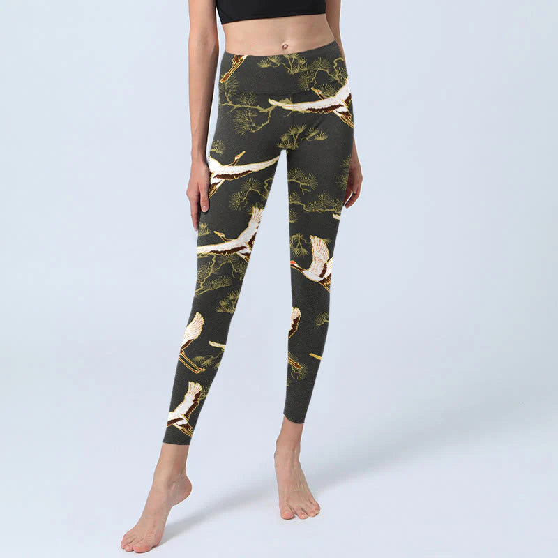 Buddha Stones Soaring Crane Pine Tree Pattern Print Gym Leggings Women's Yoga Pants