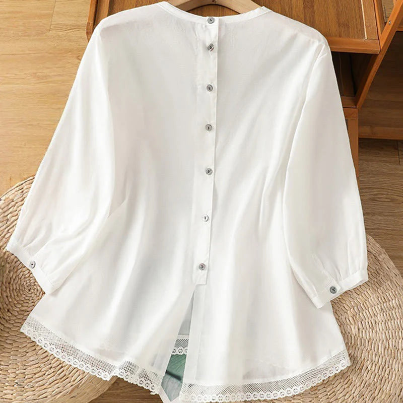 Buddha Stones Plain Lace Hem Single Breasted Button Cotton Linen Three Quarter Sleeve Women's Crew Neck Shirt