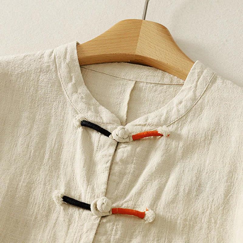 Buddha Stones Plain Chinese Frog-Button Long Sleeve Women's Cotton Linen Zen Clothing Shirt