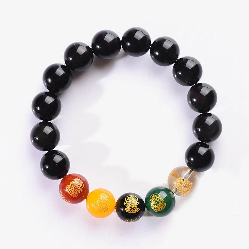 Buddha Stones Gold Sheen Obsidian Rainbow Obsidian Black Obsidian Five Directions Gods of Wealth Bracelet