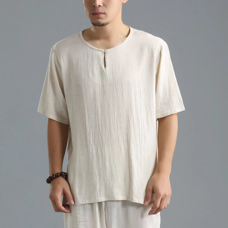 Buddha Stones Men's Solid Color Round Neck Short Sleeve CottonÂ Linen Shirt