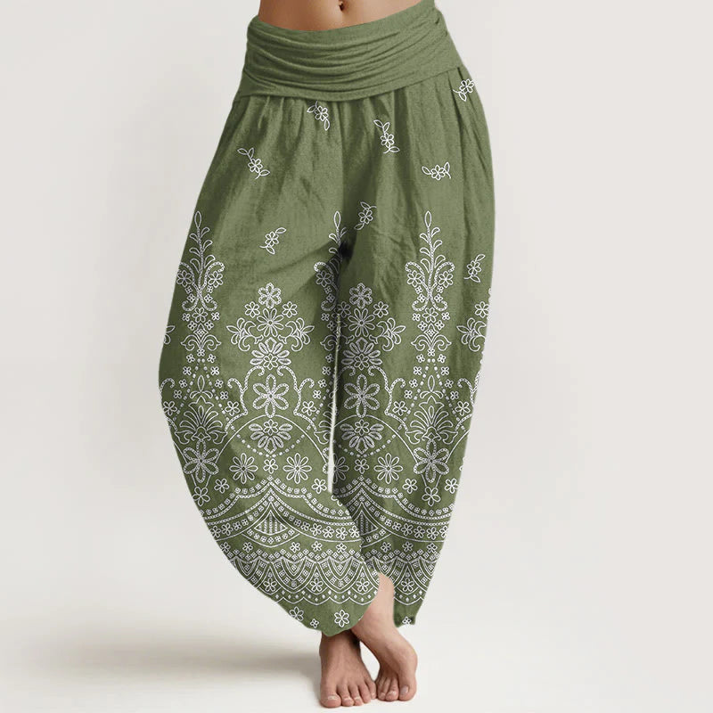 Buddha Stones Cotton Mandala White Flower Pattern Women's Elastic Waist Harem Pants