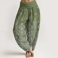 Buddha Stones Cotton Mandala White Flower Pattern Women's Elastic Waist Harem Pants