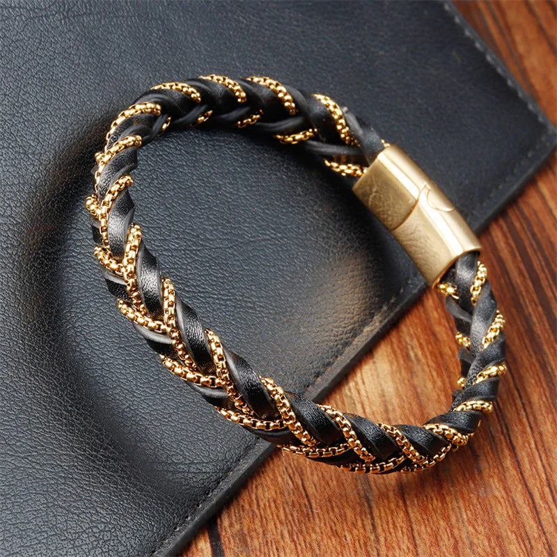 Buddha Stones Simple Design Titanium Steel Calm Braided Leather Buckle Bracelet