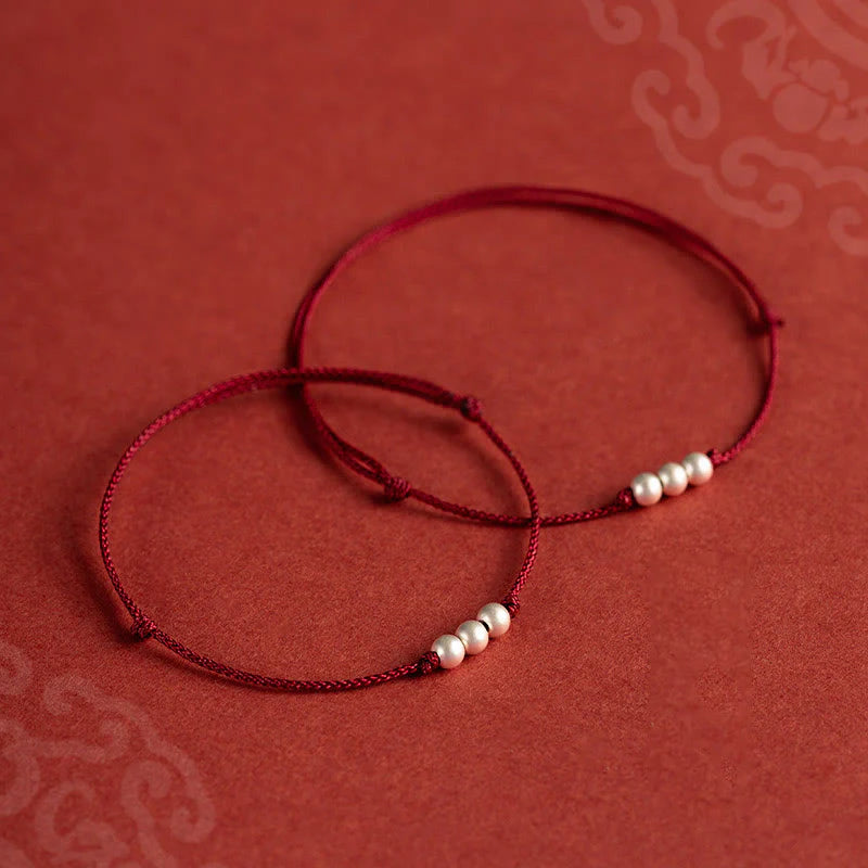 Buddha Stones 925 Sterling Silver Three Beads Protection String Bracelet Anklet