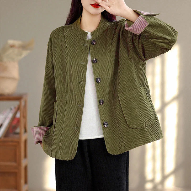 Buddha Stones Buttons Design Corduroy Long Sleeve Women's Jacket With Pockets