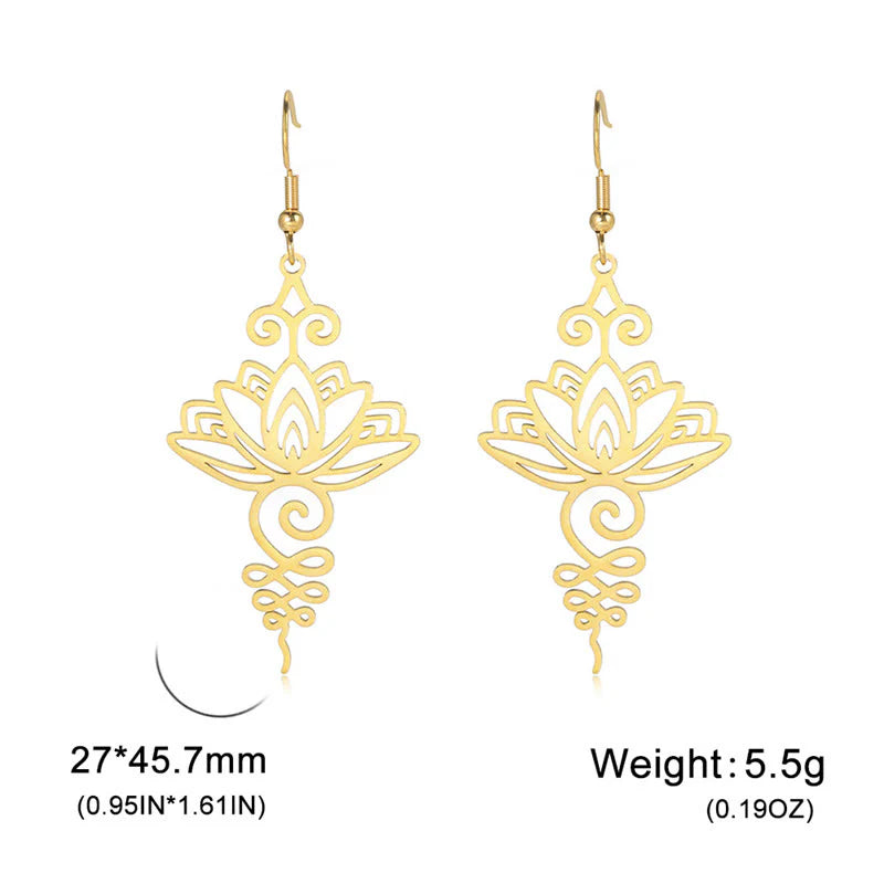 Buddha Stones Hollow Lotus Flower Stainless Steel Enlightenment Metal Drop Earrings