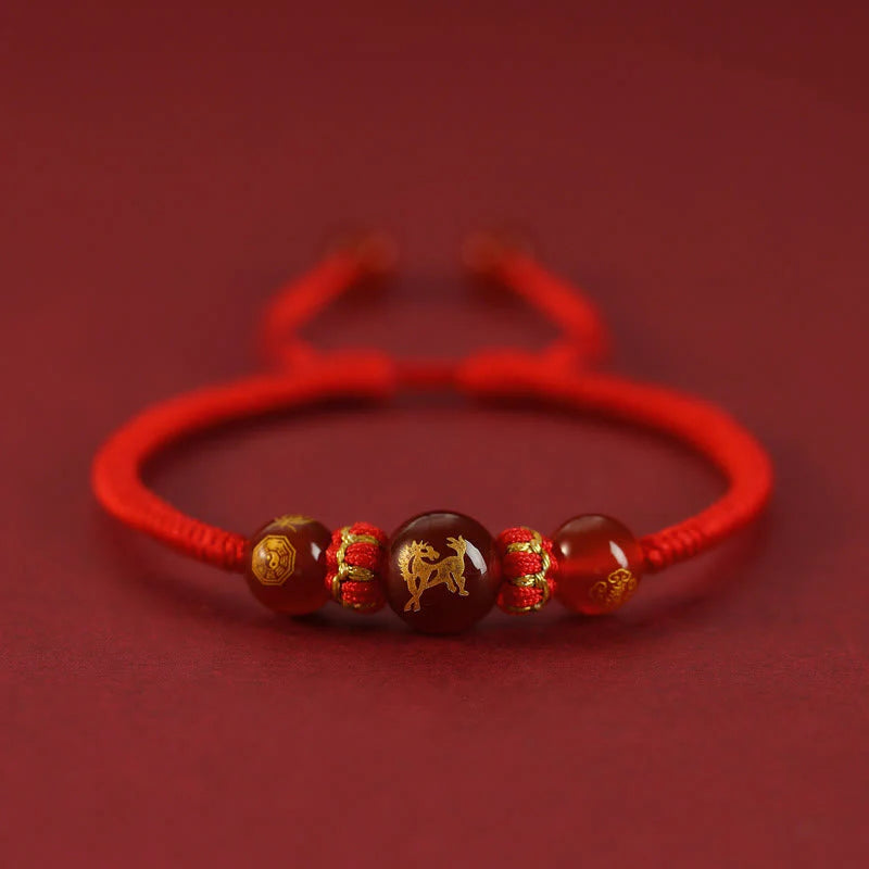 Buddha Stones Handmade Red Agate Chinese Zodiac Red String Braided Protection Bracelet