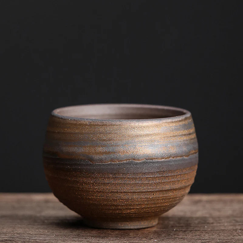 Buddha Stones Simple Brown Striped Texture Ceramic Teacup Kung Fu Tea Cup Bowl