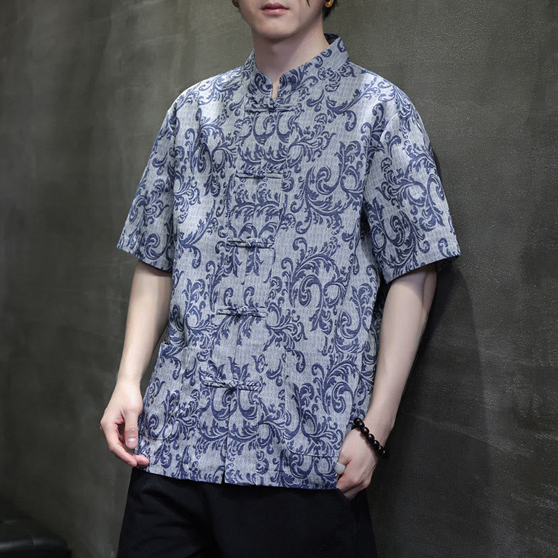 Buddha Stones Summer Floral Vine Pattern Tang Suit Men's Frog-Button Short Sleeve Shirt With Pockets