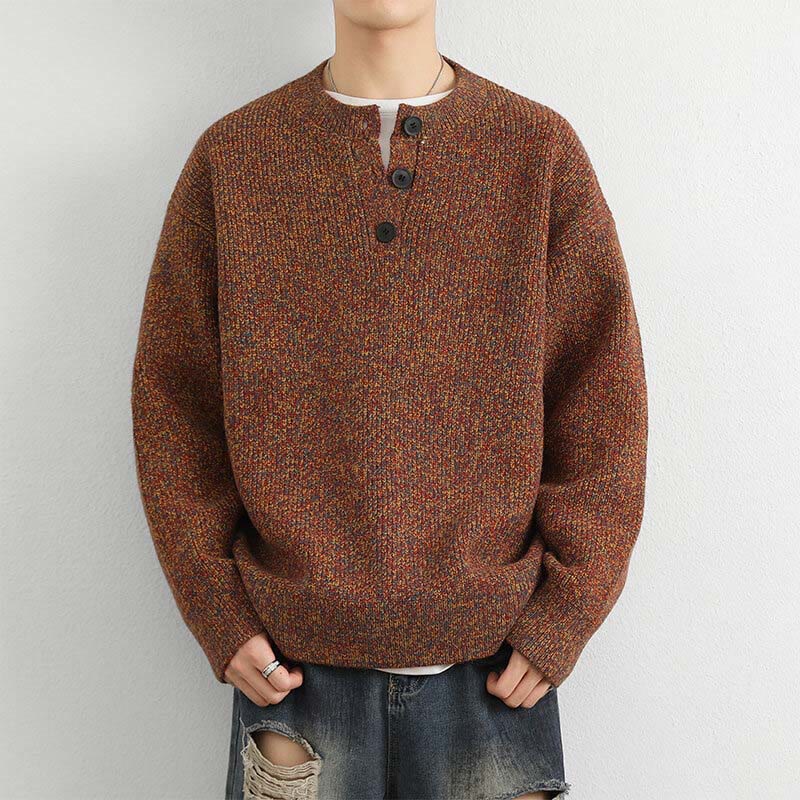 Buddha Stones Winter V-Neck Buttons Ribbed Design Warm Men's Long Sleeve Knitted Sweater