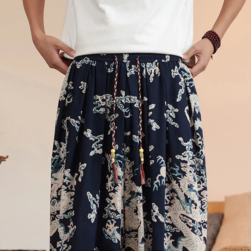 Buddha Stones Dragon Print Cotton Men's Harem Ankle-Length Pants With Pockets