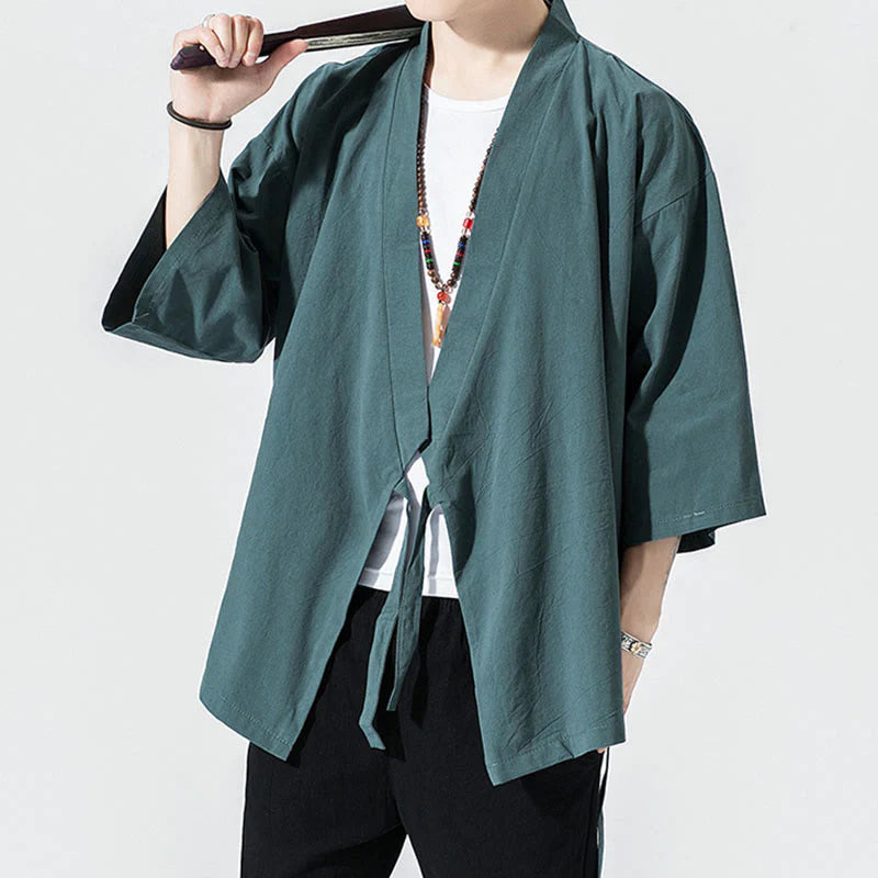 Buddha Stones Tang Suit Open Front Jacket Cotton Linen Men's Three Quarter Sleeve Kimono