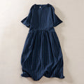 Buddha Stones Summer MidnightBlue Checked  A-line Pleated Crew Neck Knee Length Women's Short Sleeve Dress