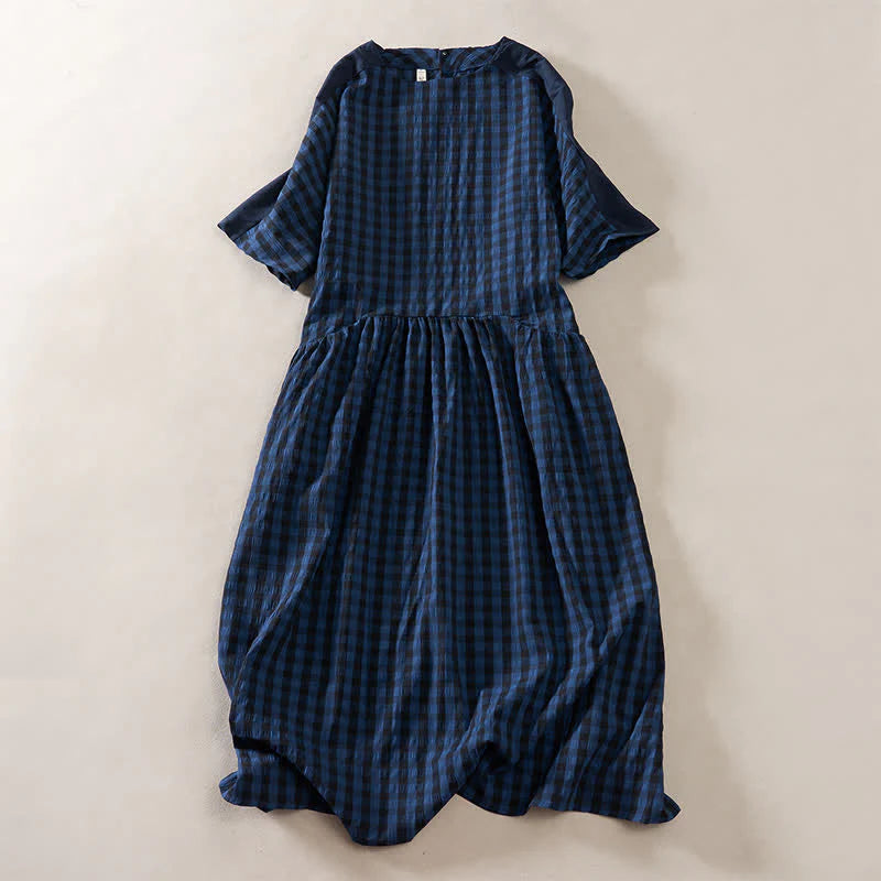 Buddha Stones Summer MidnightBlue Checked  A-line Pleated Crew Neck Knee Length Women's Short Sleeve Dress