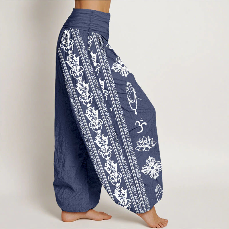 Buddha Stones Cotton Lotus Flowers Double Dorje Vajra Namaste Om Design Women's Elastic Waist Harem Pants