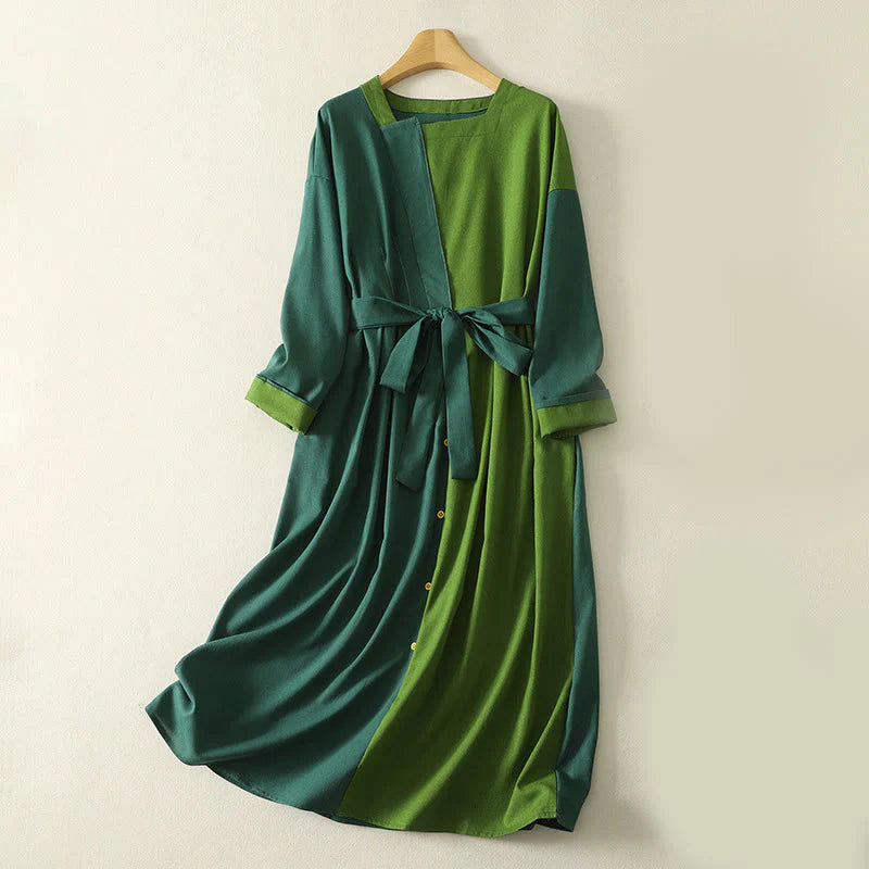 Buddha Stones Patched Color Block Desgin Cotton Women's Long Sleeve Midi Dress With Pockets