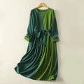 Buddha Stones Patched Color Block Desgin Cotton Women's Long Sleeve Midi Dress With Pockets