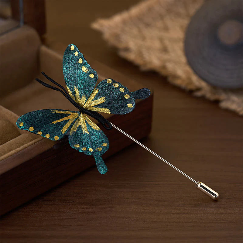 Buddha Stones Handcrafted Silk Art Velvet Flower Golden Blue Butterfly Brooch