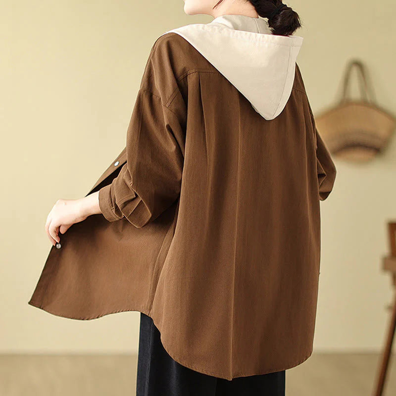 Buddha Stones Casual Commute Drawstring Hoodie Women's Cotton Linen Jacket With Pockets