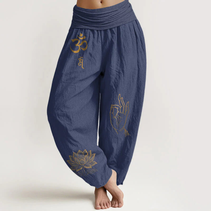 Buddha Stones Om Dhi Symbols Lotus Buddha's Hand Pattern Women's Elastic Waist Harem Cotton Pants