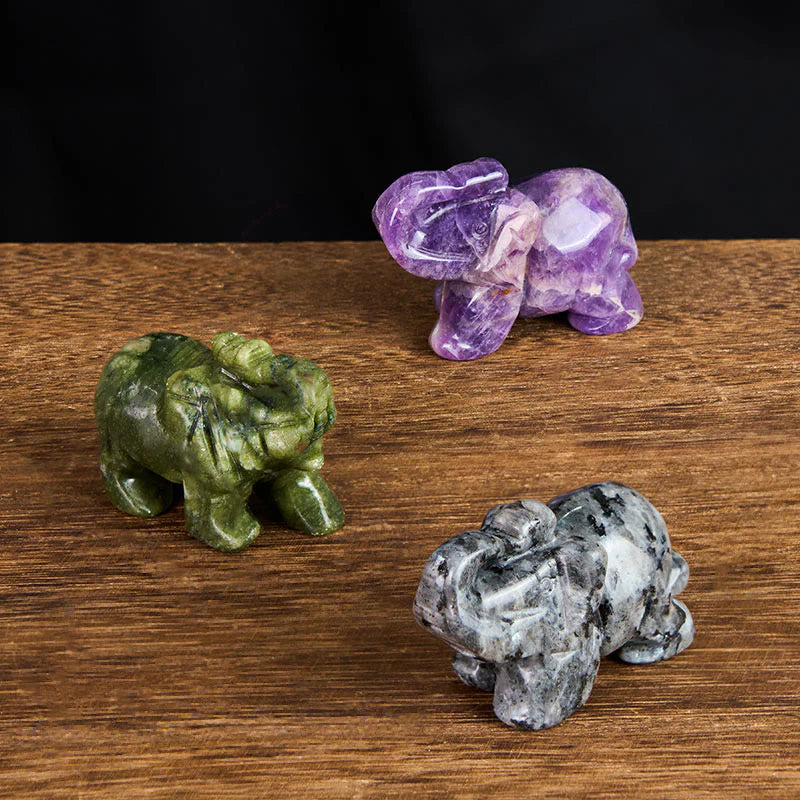 Buddha Stones ''May Blessings Walk With You'' Natural Small Elephant Amazonite Amethyst Jade Black Obsidian Stone Decoration Includes Gift Message Card