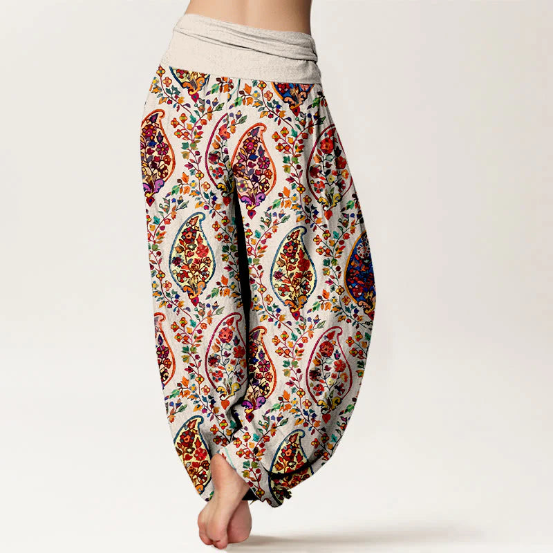 Buddha Stones Cotton Brightly Colored Retro Flowers Leaves Pattern Women's Elastic Waist Harem Pants