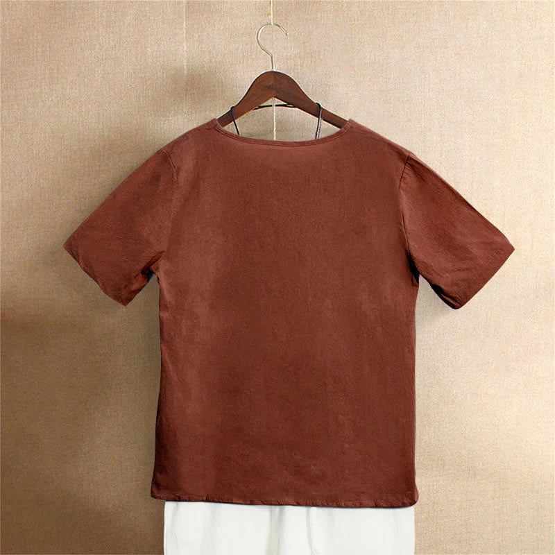 Buddha Stones Casual Summer Pure Color Jacquard Button Crew Neck Cotton Women's Short Sleeve T-Shirt