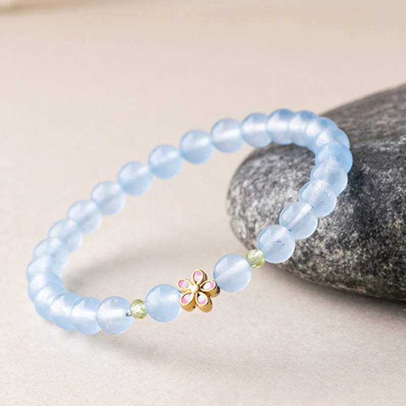 Buddha Stones Natural Aquamarine Gold-Plated Copper Flower Healing Bracelet