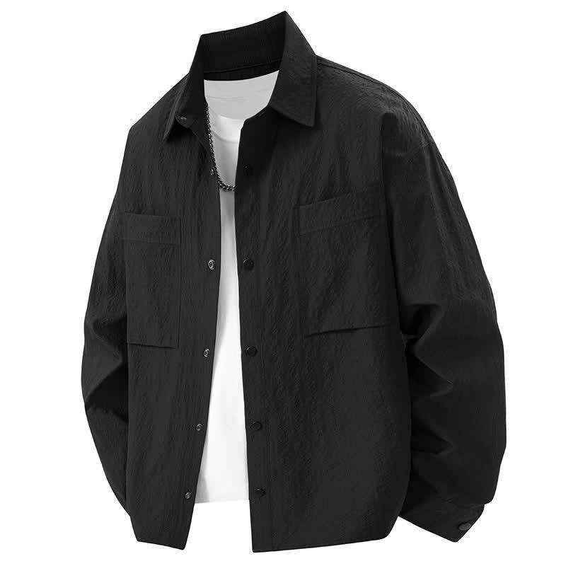 Buddha Stones Spring Solid Color Textured Long Sleeve Button Men's Lapel Shirts With Pocket