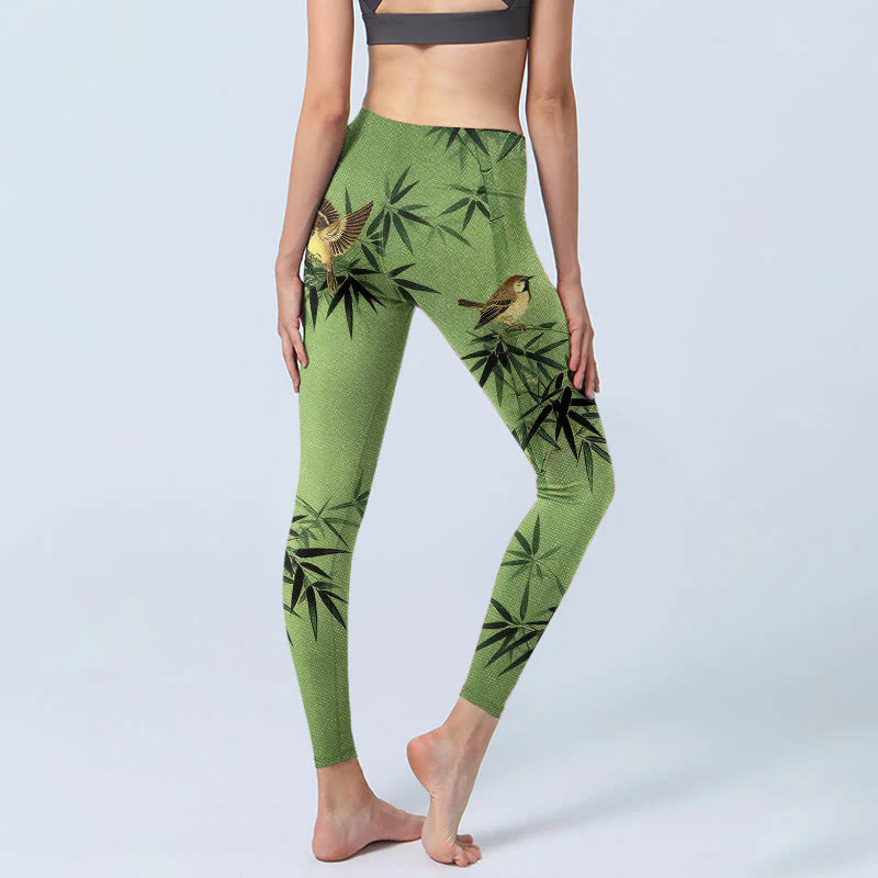 Buddha Stones Elegant Bird Bamboo Leaf Pattern Print Gym Leggings Women's Yoga Pants
