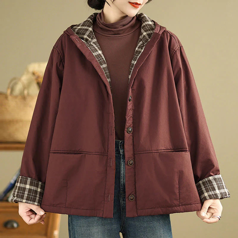 Buddha Stones Plaid Hoodie Pattern Women's Long Sleeve Cotton Thickened Jacket With Pockets