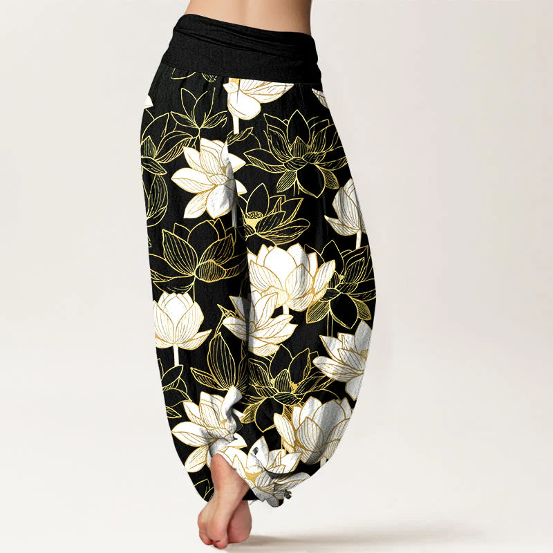 Buddha Stones Cotton Elegant Refined Lotus Flower Pattern Women's Elastic Waist Harem Pants