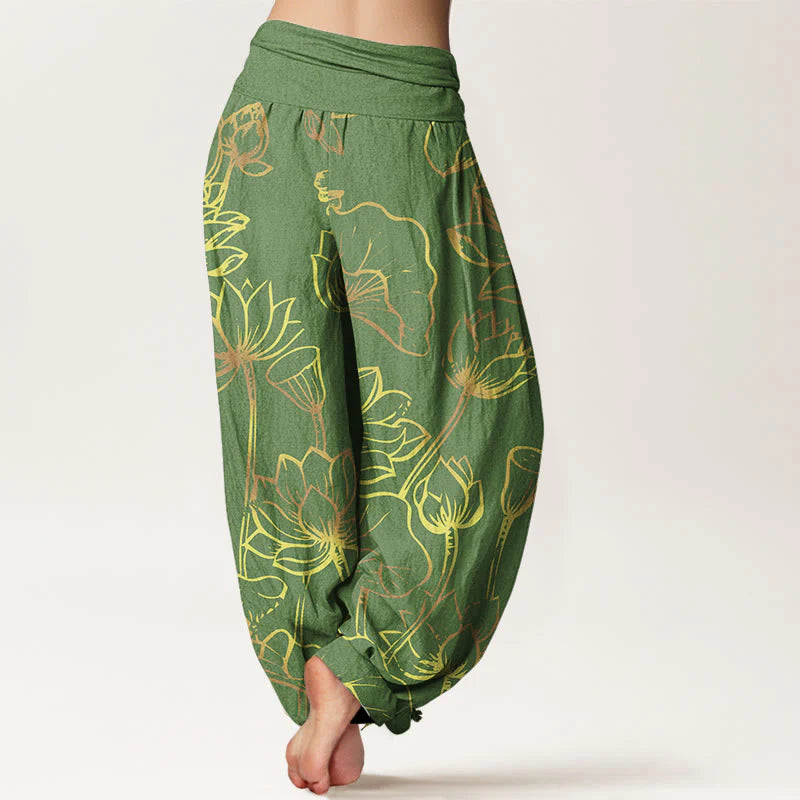 Buddha Stones Print Lotus Flowers Leaves Pattern Women's Elastic Waist Harem Cotton Pants