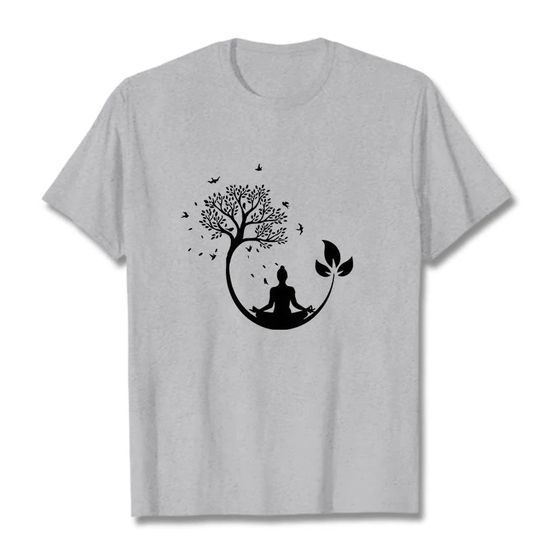 Buddha Stones Buddha Meditating In A Tree Pattern Cotton Tee T-shirt