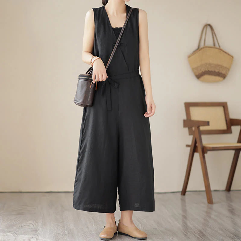 Buddha Stones Casual Lace-Up Simple Sleeveless Design Women's Cotton Linen Jumpsuit With Pockets
