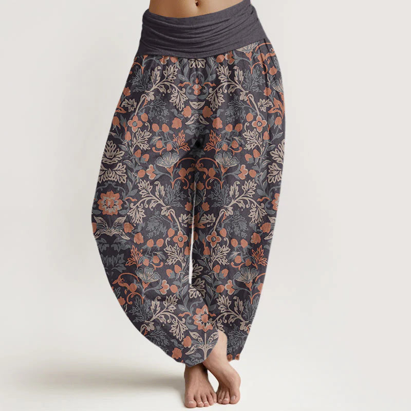 Buddha Stones Cotton Casual Flower Vine Leaves Pattern Women's Elastic Waist Harem Pants