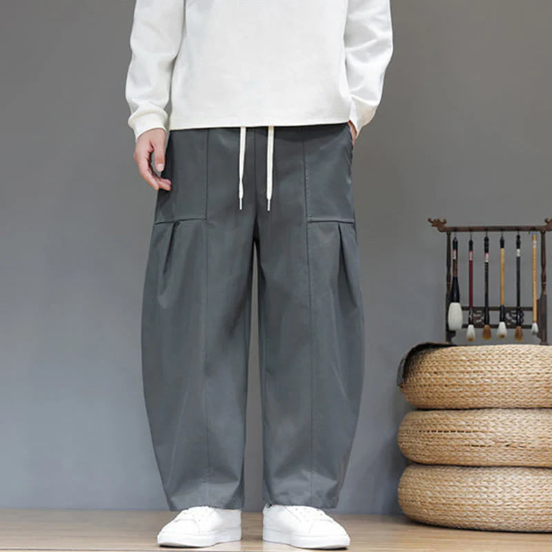 Buddha Stones Fall Pure Color Cotton Men's Cropped Harem Pants With Pockets