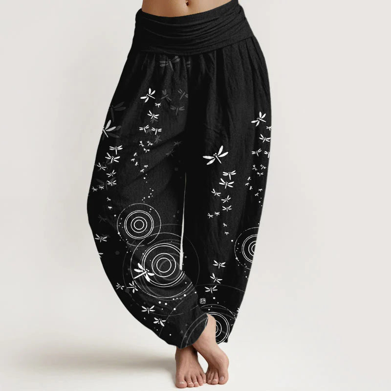 Buddha Stones Pure Cotton Circular Lines Dragonfly Women's Elastic Waist Harem Pants