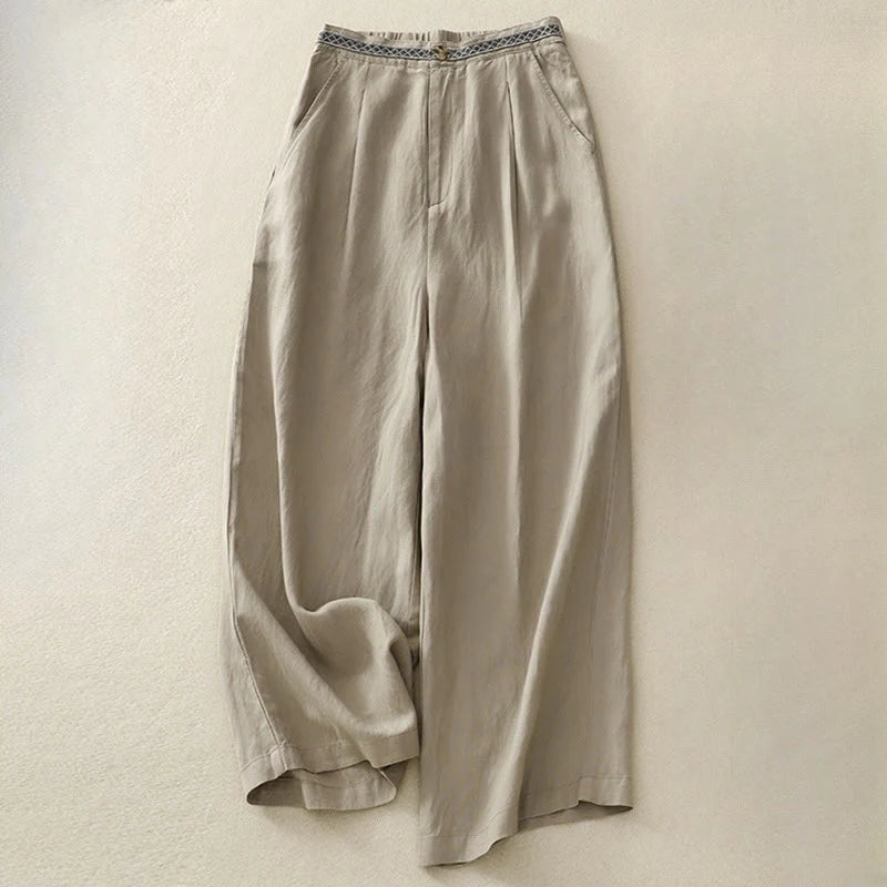 Buddha Stones Summer Plain Color 7-8 Length Cotton Linen Women's Wide Leg Pants With Pockets Zipper