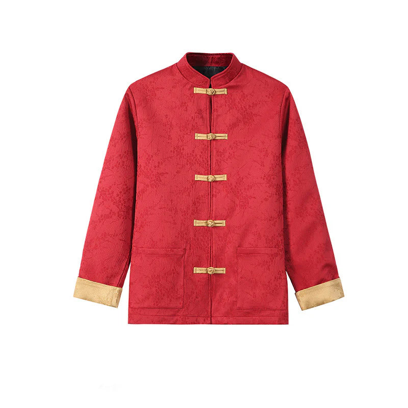 Buddha Stones Jacquard Stand Collar Long Sleeve Men's Cotton Jacket With Pockets